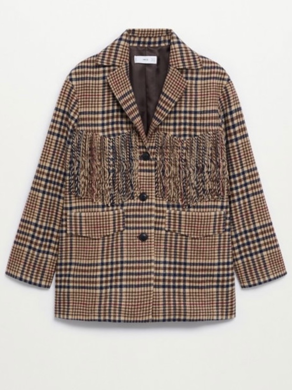 MANGO Checked Print Fringed Blazer